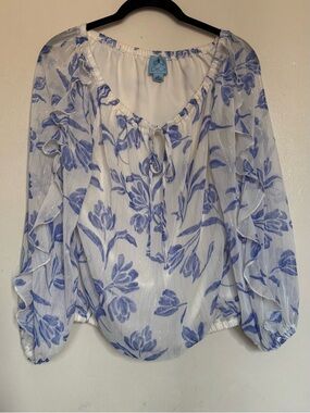 CeCe Blue and White Floral Ruffle Blouse